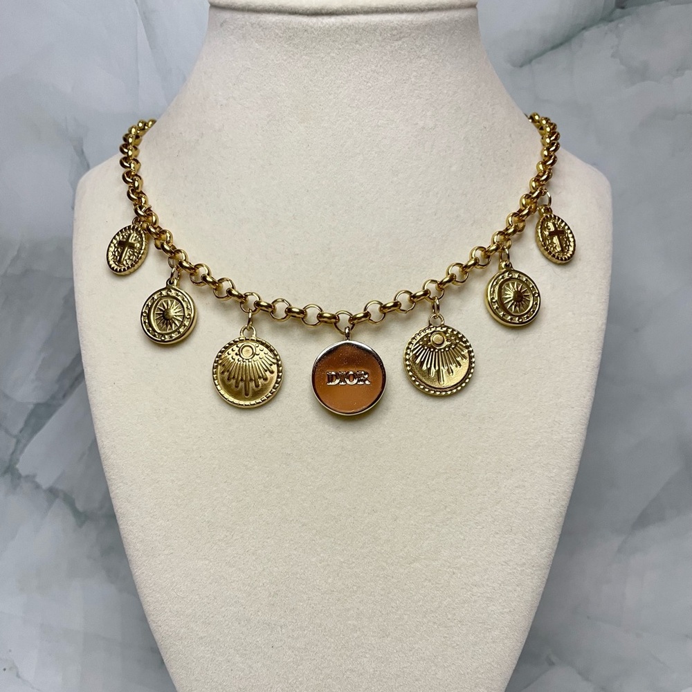 Upcycled Gold & White J’Adore Pendant Coin Charms Rolo Chain Necklace